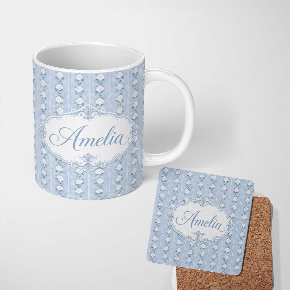 Personalized Custom Name Vintage Blue Rose Stripe Floral Seamless Pattern Cute Unique Gift 11oz Ceramic Coffee Tea Mug White Large Handle
