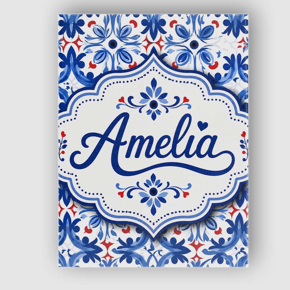 Personalised Name Classic Blue Floral Custom Modern Room Accent Creative Decorator Style Canvas Wall Art Print Decor Picture Ready to Hang