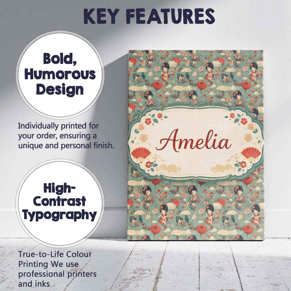Personalised Name Japanese Doll Umbrella Floral Pattern Traditional Custom Canvas Wall Art Print Decor Picture Ready to Hang
