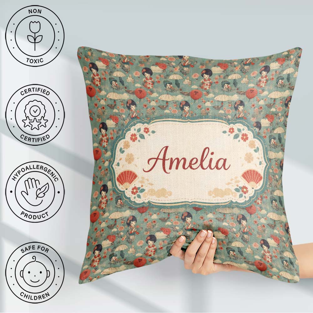 Custom Name Japanese Doll Umbrella Floral Pattern Style Design Square Filled Cushion Throw Pillow Sofa Bed Home Decor Zip Washable UK Made