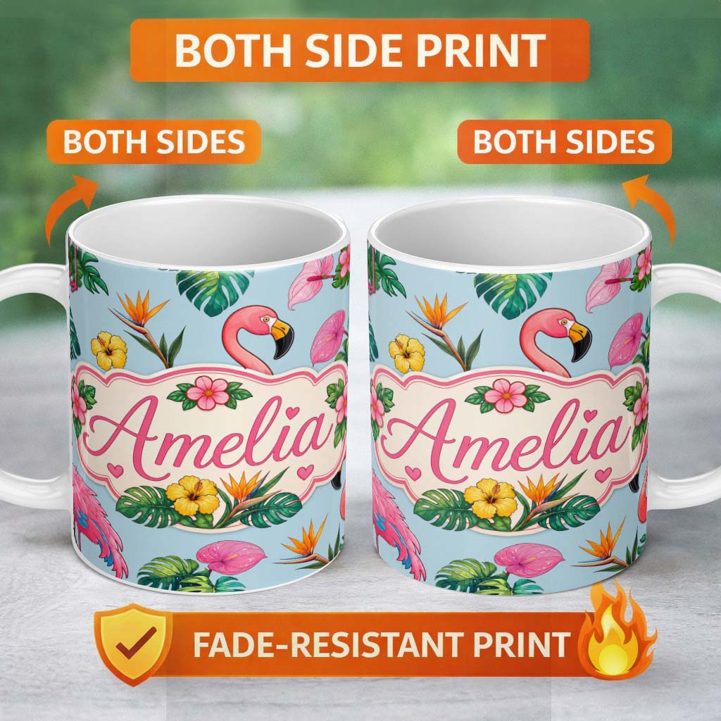 Personalized Custom Name Tropical Flamingo with Hibiscus Flowers and Leaves Blue Background 11oz Ceramic Coffee Tea Mug White Large Handle