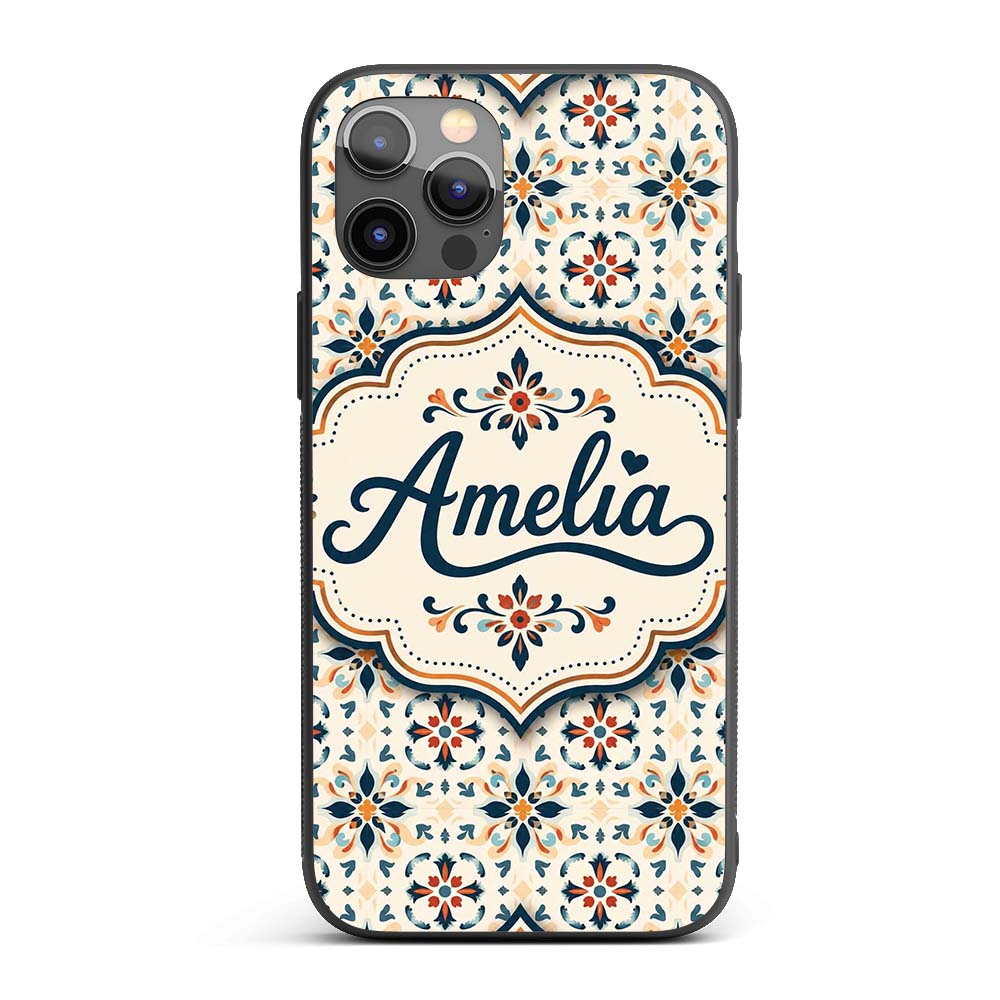 Elegant Neutral Tile Pattern with Navy Blue and Custom Name Protective Phone Case Mobile Cover Durable Everyday Smartphone Shock Resistant