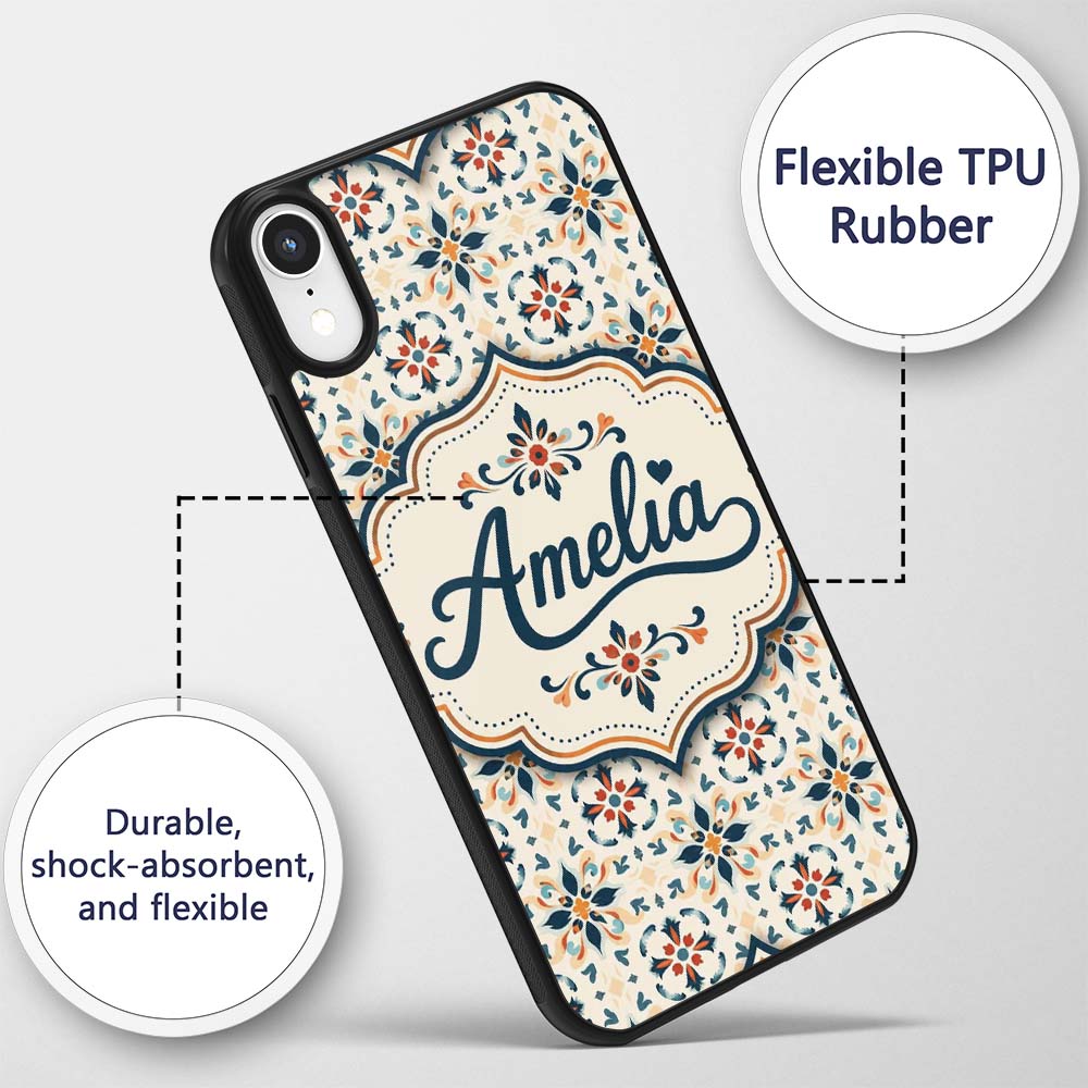Elegant Neutral Tile Pattern with Navy Blue and Custom Name Protective Phone Case Mobile Cover Durable Everyday Smartphone Shock Resistant
