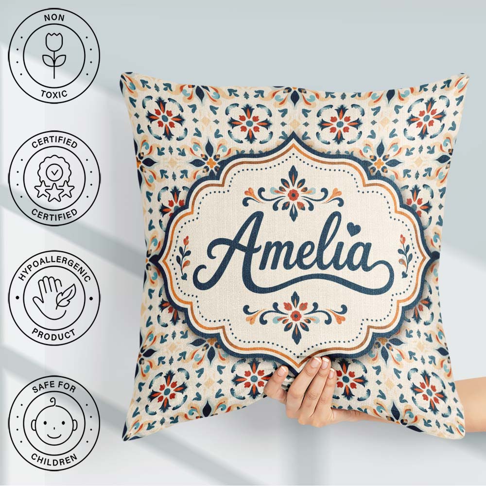 Custom Name Elegant Neutral Tile with Navy and Terracotta Floral Square Filled Cushion Throw Pillow Sofa Bed Home Decor Zip Washable UK Made