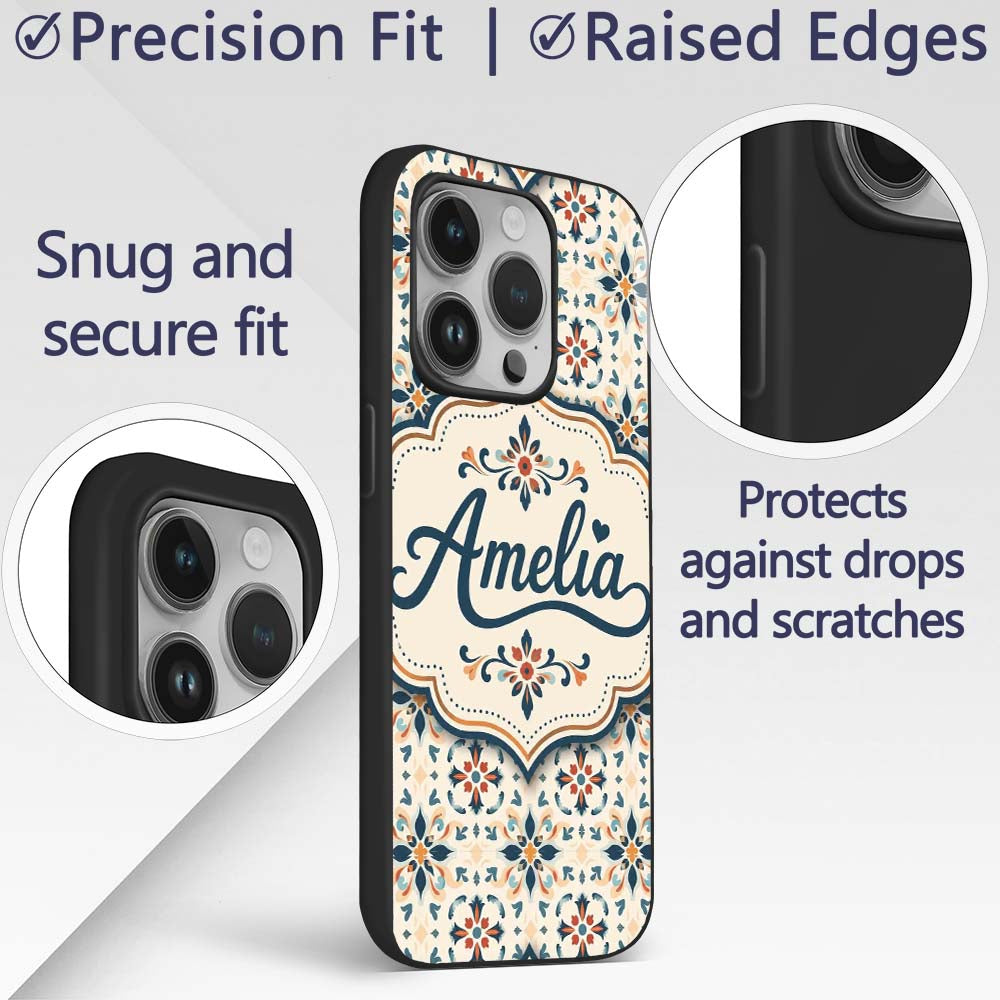 Elegant Neutral Tile Pattern with Navy Blue and Custom Name Protective Phone Case Mobile Cover Durable Everyday Smartphone Shock Resistant