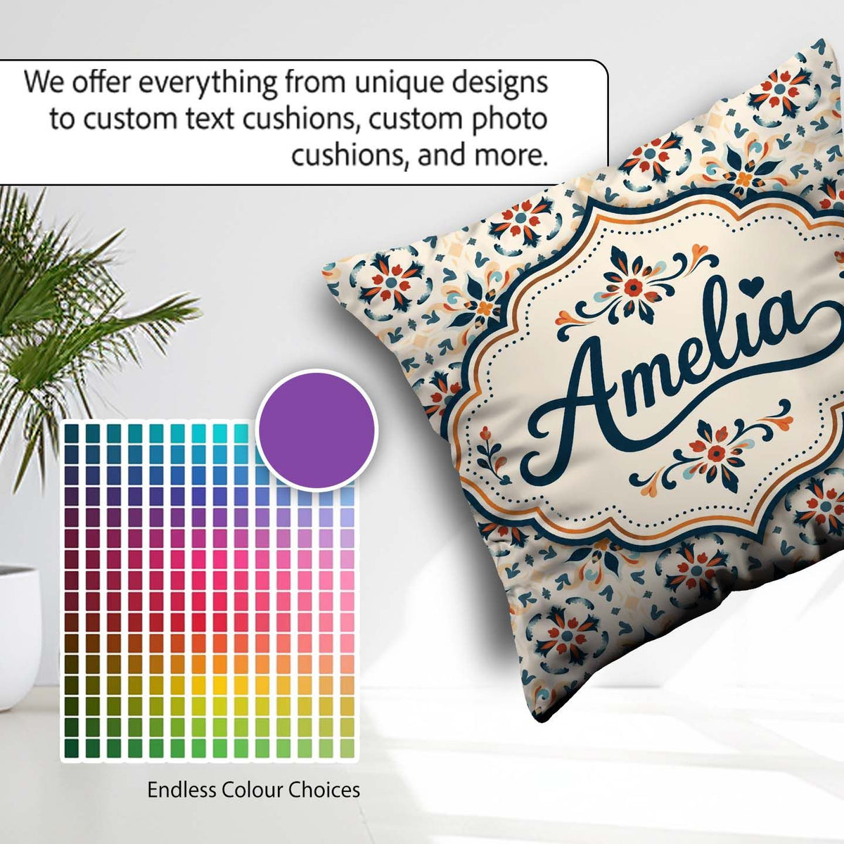 Custom Name Elegant Neutral Tile with Navy and Terracotta Floral Square Filled Cushion Throw Pillow Sofa Bed Home Decor Zip Washable UK Made