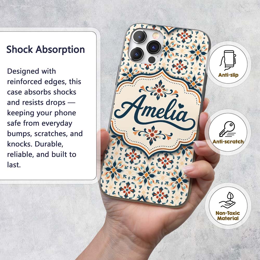 Elegant Neutral Tile Pattern with Navy Blue and Custom Name Protective Phone Case Mobile Cover Durable Everyday Smartphone Shock Resistant