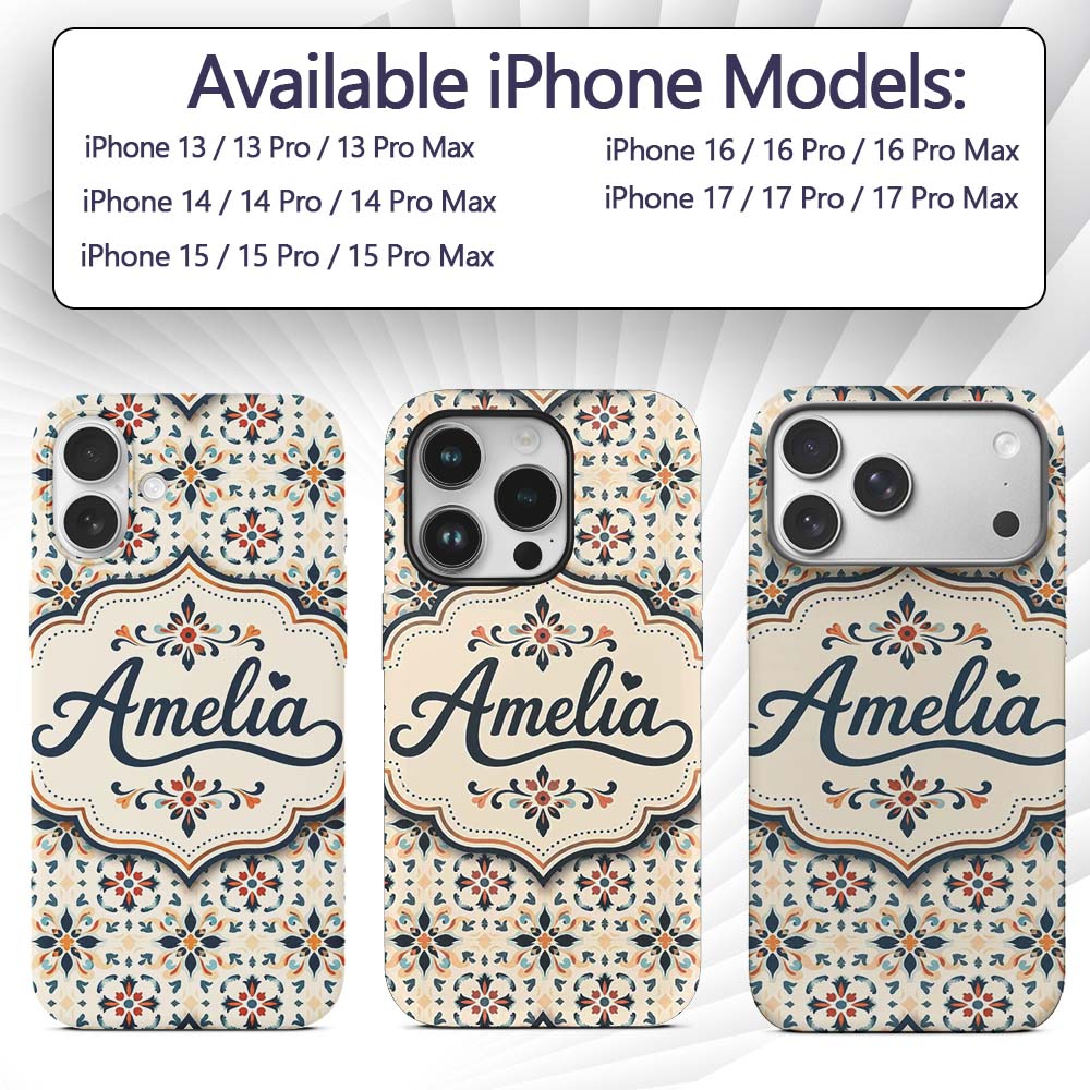 Elegant Neutral Tile Pattern with Navy Blue and Custom Name Protective Phone Case Mobile Cover Durable Everyday Smartphone Shock Resistant