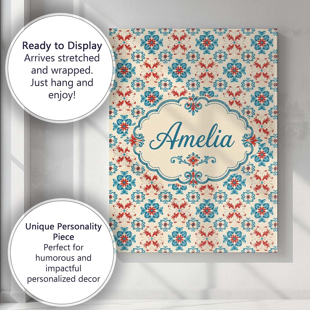Personalised Name Teal and Red Folk Floral Custom Unique Gift Idea Elegant Feature Canvas Wall Art Print Decor Picture Ready to Hang