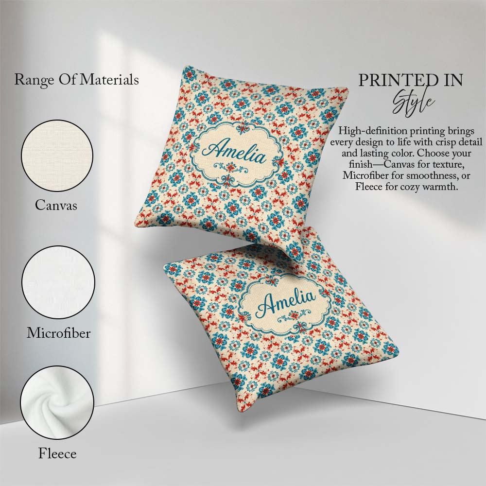 Custom Name Teal and Red Folk Floral Tile Pattern with Motifs on Square Filled Cushion Throw Pillow Sofa Bed Home Decor Zip Washable UK Made