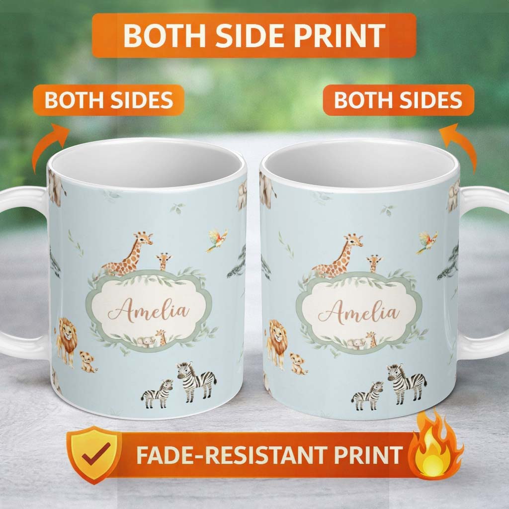 Personalized Custom Name Cute Safari Animals Giraffe Lion Zebra on Blue Background Seamless 11oz Ceramic Coffee Tea Mug White Large Handle