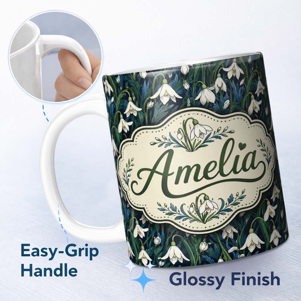 Personalized Custom Name Elegant White Bell Flowers on Deep Botanical Background Seamless 11oz Ceramic Coffee Tea Mug White Large Handle