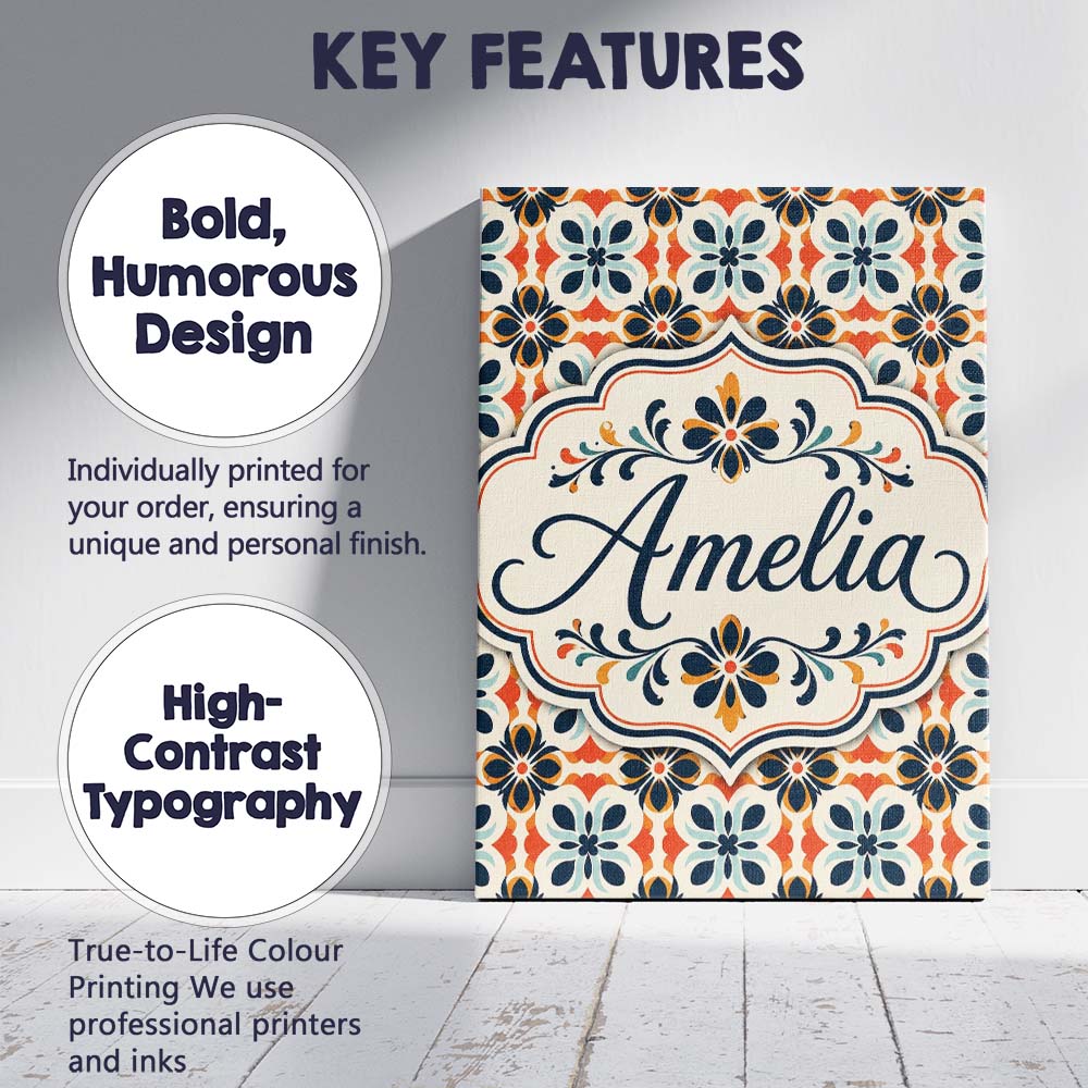 Personalised Name Bold Floral Tile in Navy, Custom Bespoke Interior Contemporary Canvas Wall Art Print Decor Picture Ready to Hang