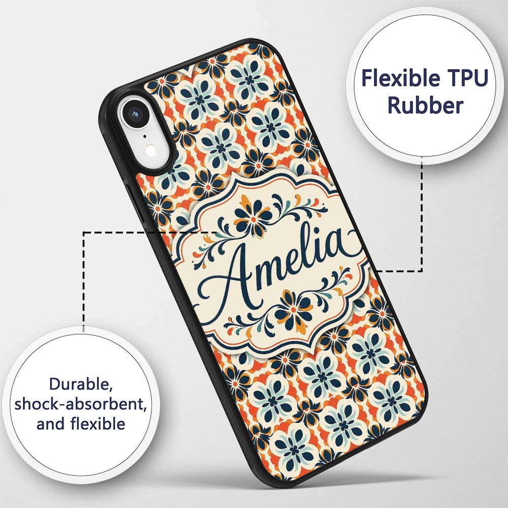 Bold Floral Tile in Navy, Orange and Cream with Custom Name Protective Phone Case Mobile Cover Durable Everyday Smartphone Shock Resistant