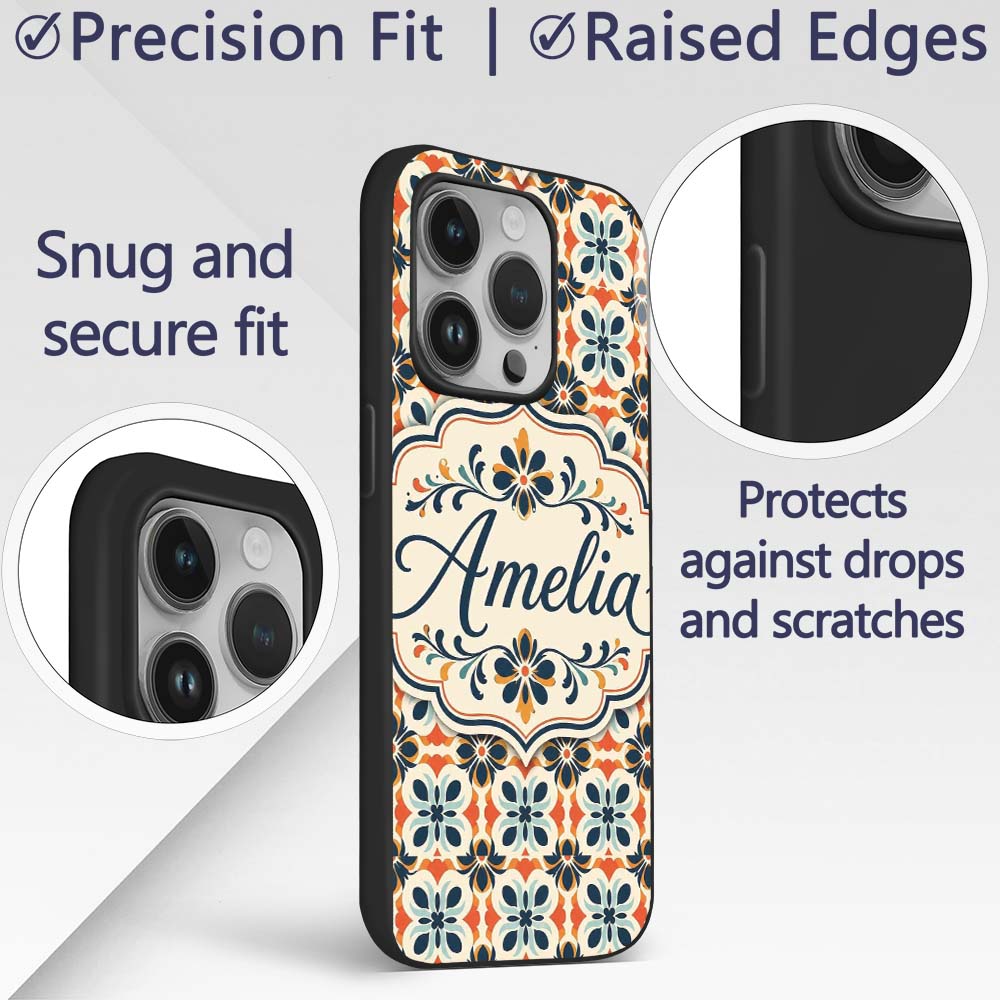 Bold Floral Tile in Navy, Orange and Cream with Custom Name Protective Phone Case Mobile Cover Durable Everyday Smartphone Shock Resistant