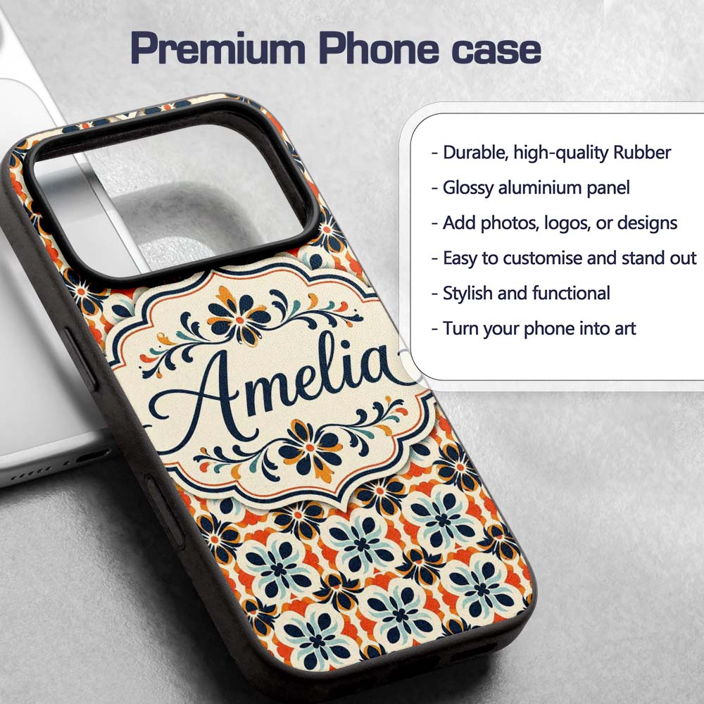 Bold Floral Tile in Navy, Orange and Cream with Custom Name Protective Phone Case Mobile Cover Durable Everyday Smartphone Shock Resistant