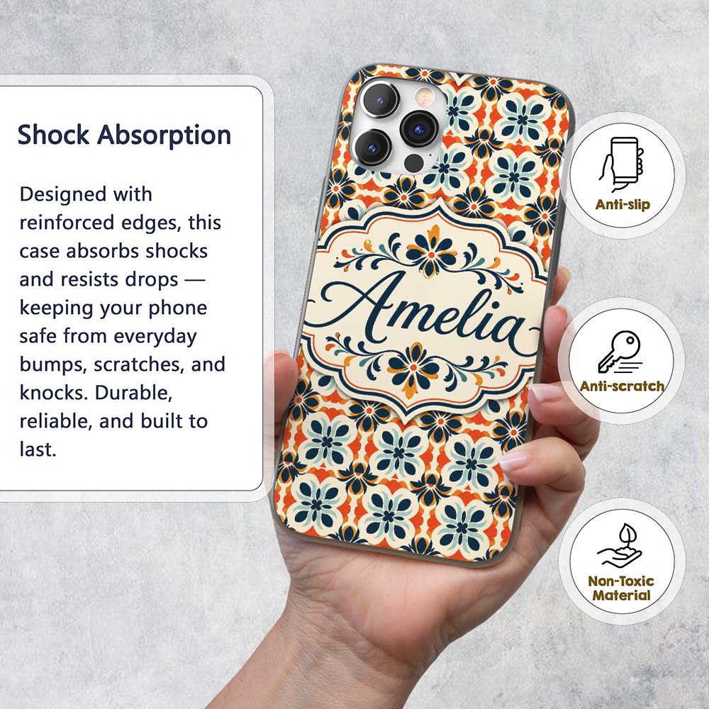 Bold Floral Tile in Navy, Orange and Cream with Custom Name Protective Phone Case Mobile Cover Durable Everyday Smartphone Shock Resistant