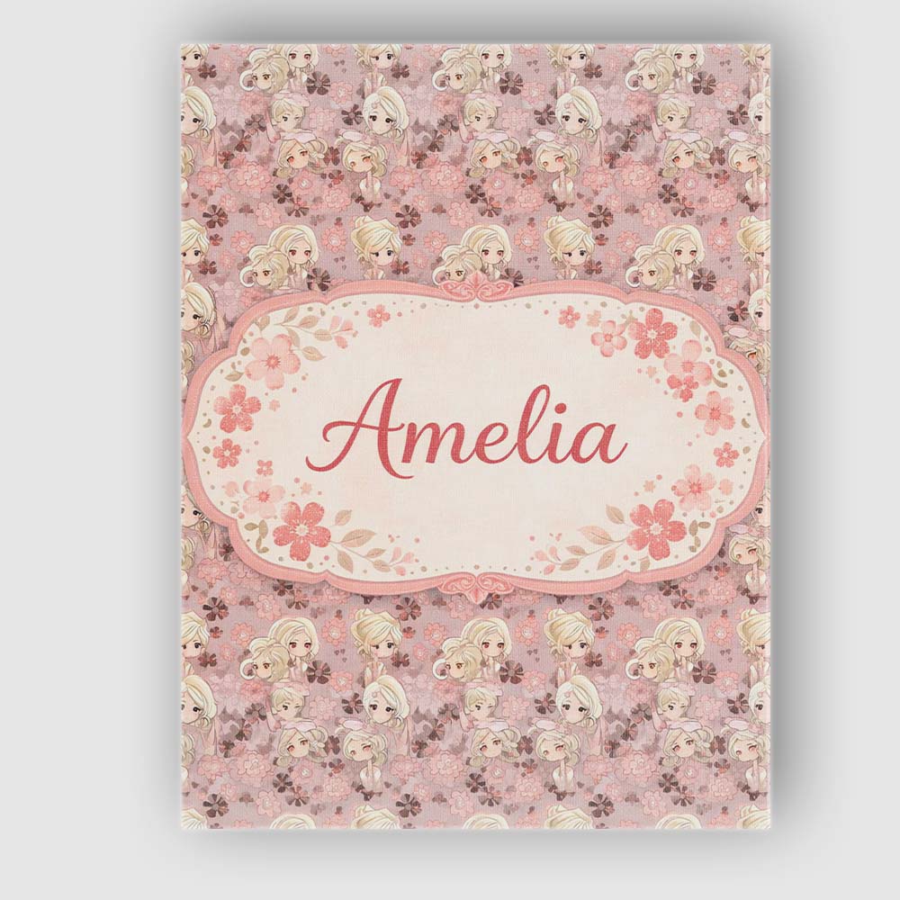 Personalised Name Blonde Chibi Girl Floral Pink Pattern Cute Character Custom Decorative Canvas Wall Art Print Decor Picture Ready to Hang