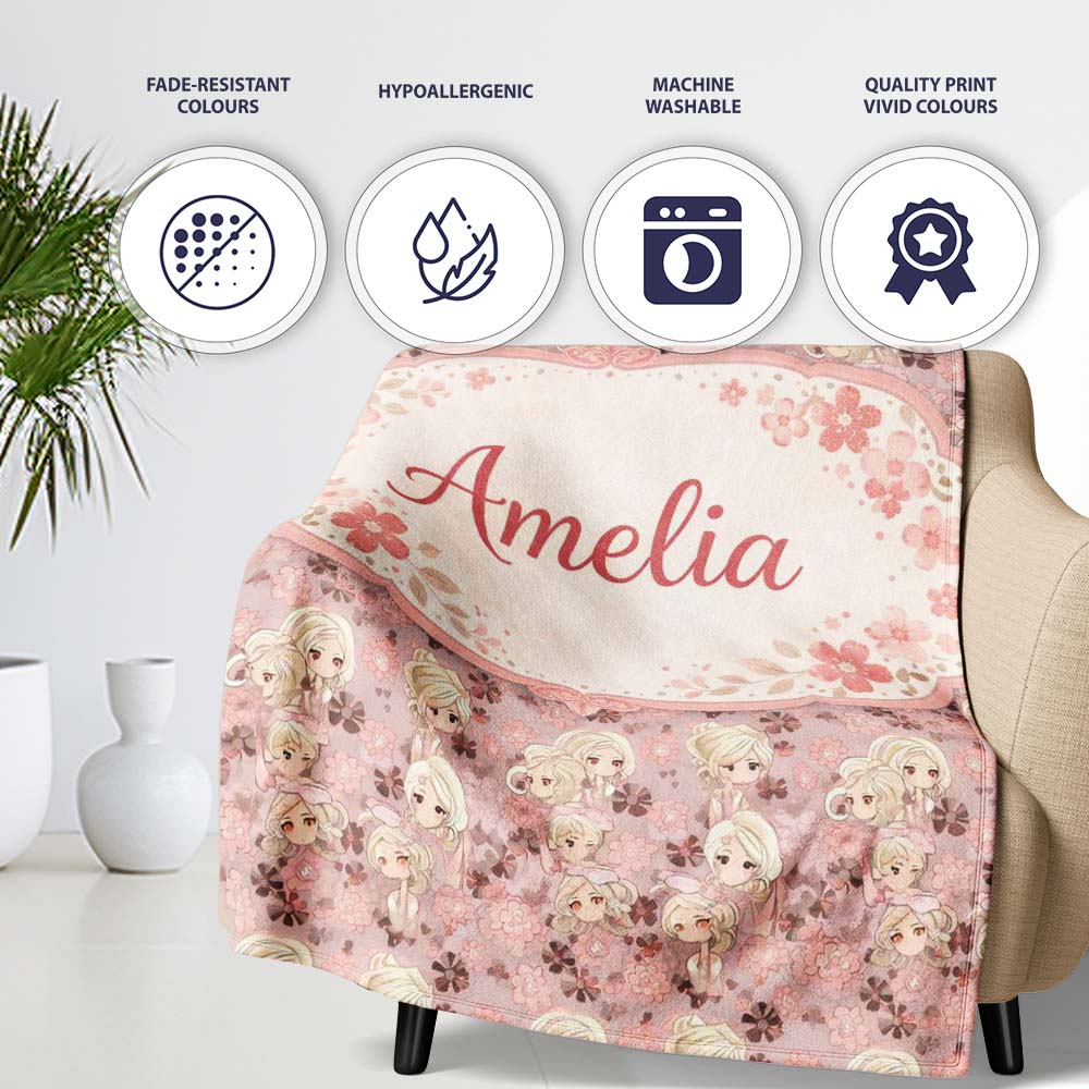 Blonde Chibi Girl Floral Pink Pattern Cute Character Design Lovely Personalised Custom Name Super Soft Fleece Blanket Bed Sofa Throw
