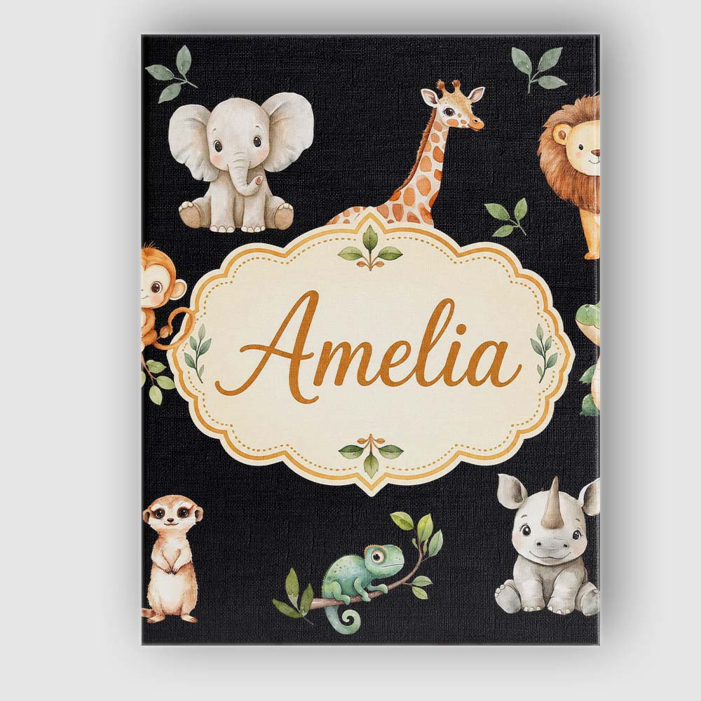 Personalised Name Safari Animals with Custom Modern Room Accent Creative Decorator Style Canvas Wall Art Print Decor Picture Ready to Hang
