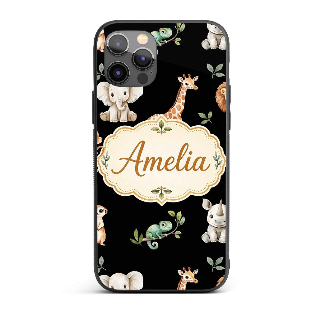 Safari Animals with Elephant Lion and Crocodile Custom Name Protective Phone Case Mobile Cover Durable Everyday Smartphone Shock Resistant