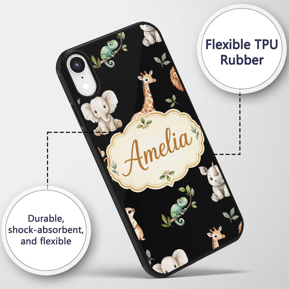 Safari Animals with Elephant Lion and Crocodile Custom Name Protective Phone Case Mobile Cover Durable Everyday Smartphone Shock Resistant