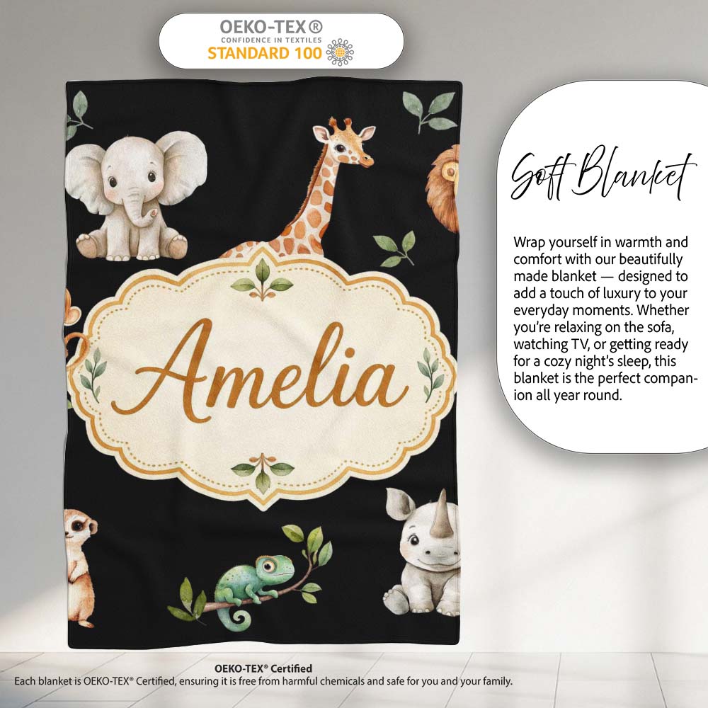 Safari Animals with Elephant Lion and Crocodile on Black Background Personalised Custom Name Super Soft Fleece Blanket Bed Sofa Throw