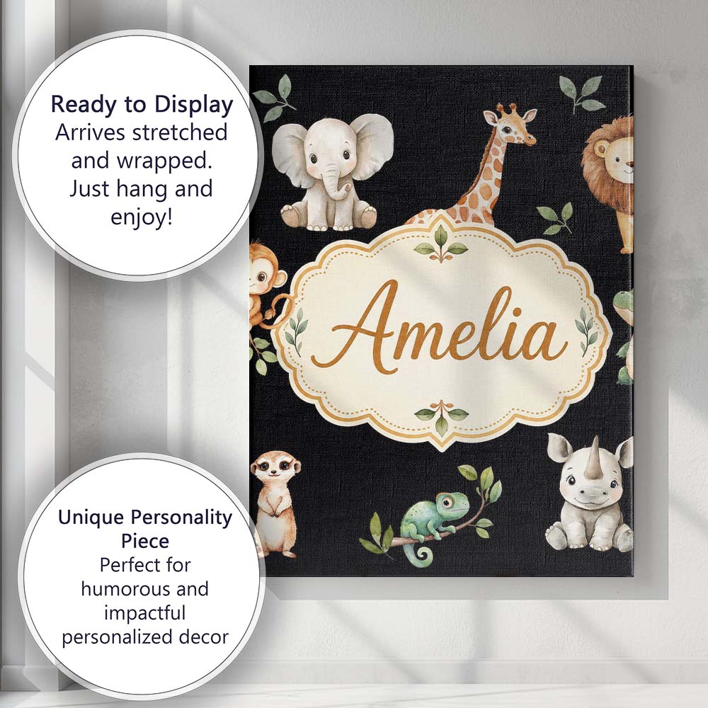 Personalised Name Safari Animals with Custom Modern Room Accent Creative Decorator Style Canvas Wall Art Print Decor Picture Ready to Hang