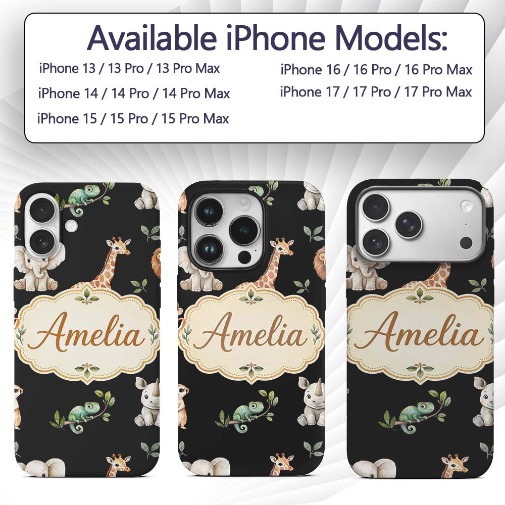 Safari Animals with Elephant Lion and Crocodile Custom Name Protective Phone Case Mobile Cover Durable Everyday Smartphone Shock Resistant