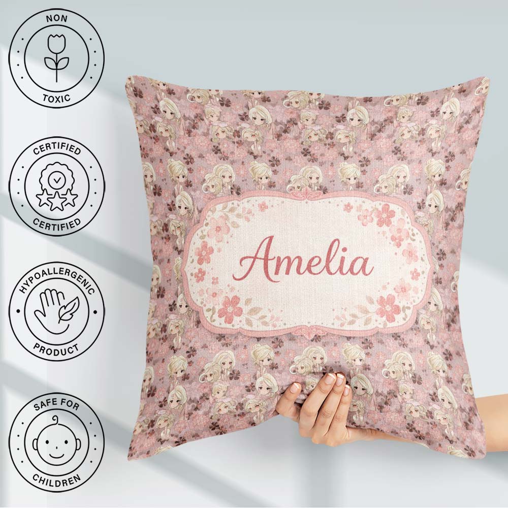 Custom Name Blonde Chibi Girl Floral Pink Pattern Cute Character Square Filled Cushion Throw Pillow Sofa Bed Home Decor Zip Washable UK Made