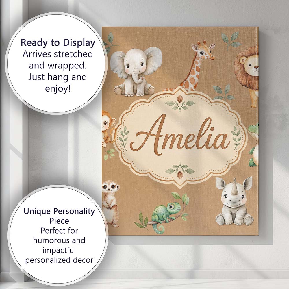 Personalised Name Safari Animals with Custom Modern Room Accent Creative Decorator Style Canvas Wall Art Print Decor Picture Ready to Hang