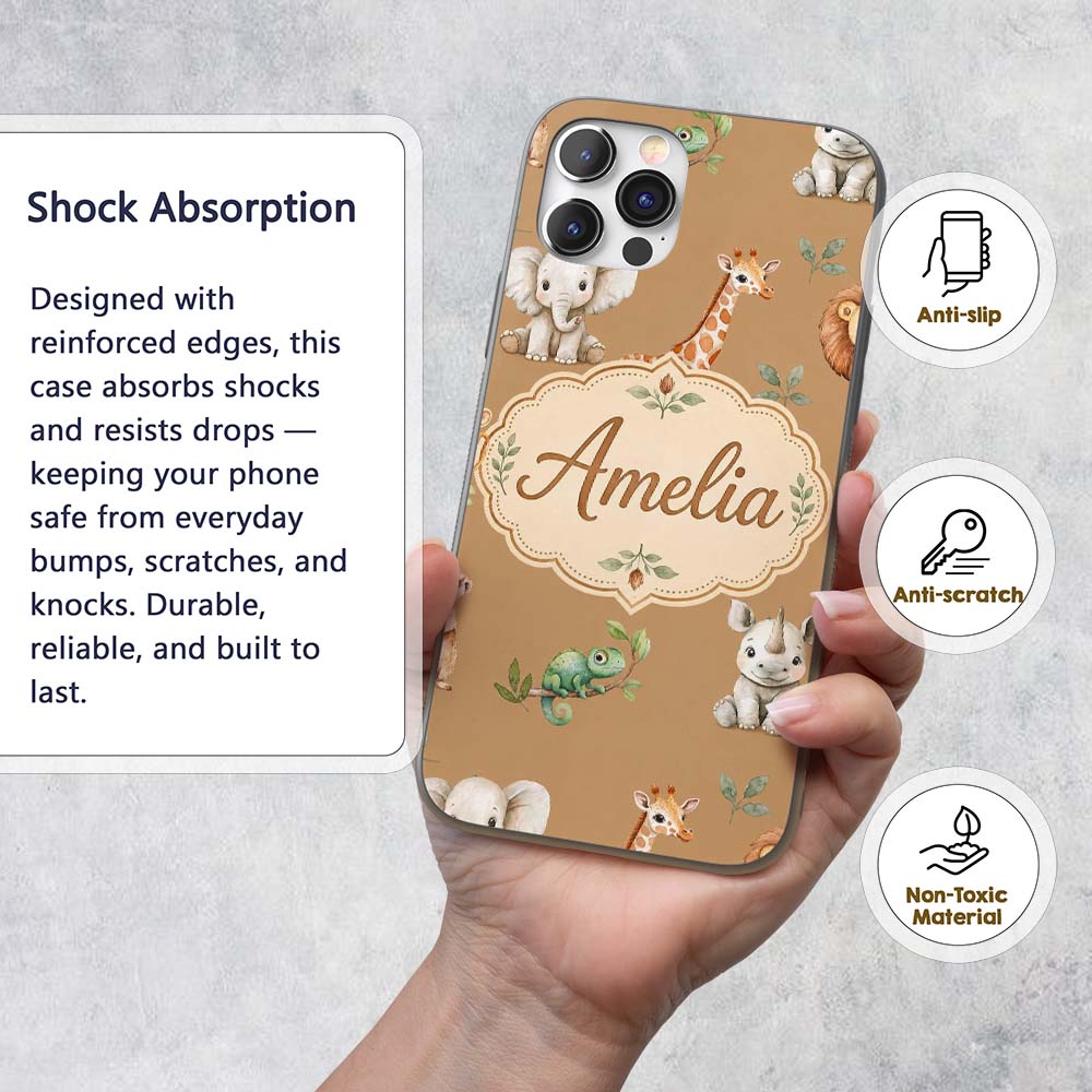 Safari Animals with Elephant Lion and Crocodile Custom Name Protective Phone Case Mobile Cover Durable Everyday Smartphone Shock Resistant