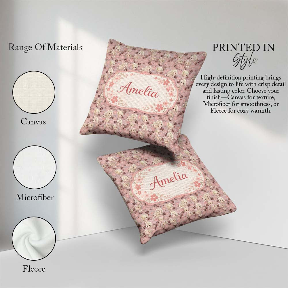 Custom Name Blonde Chibi Girl Floral Pink Pattern Cute Character Square Filled Cushion Throw Pillow Sofa Bed Home Decor Zip Washable UK Made