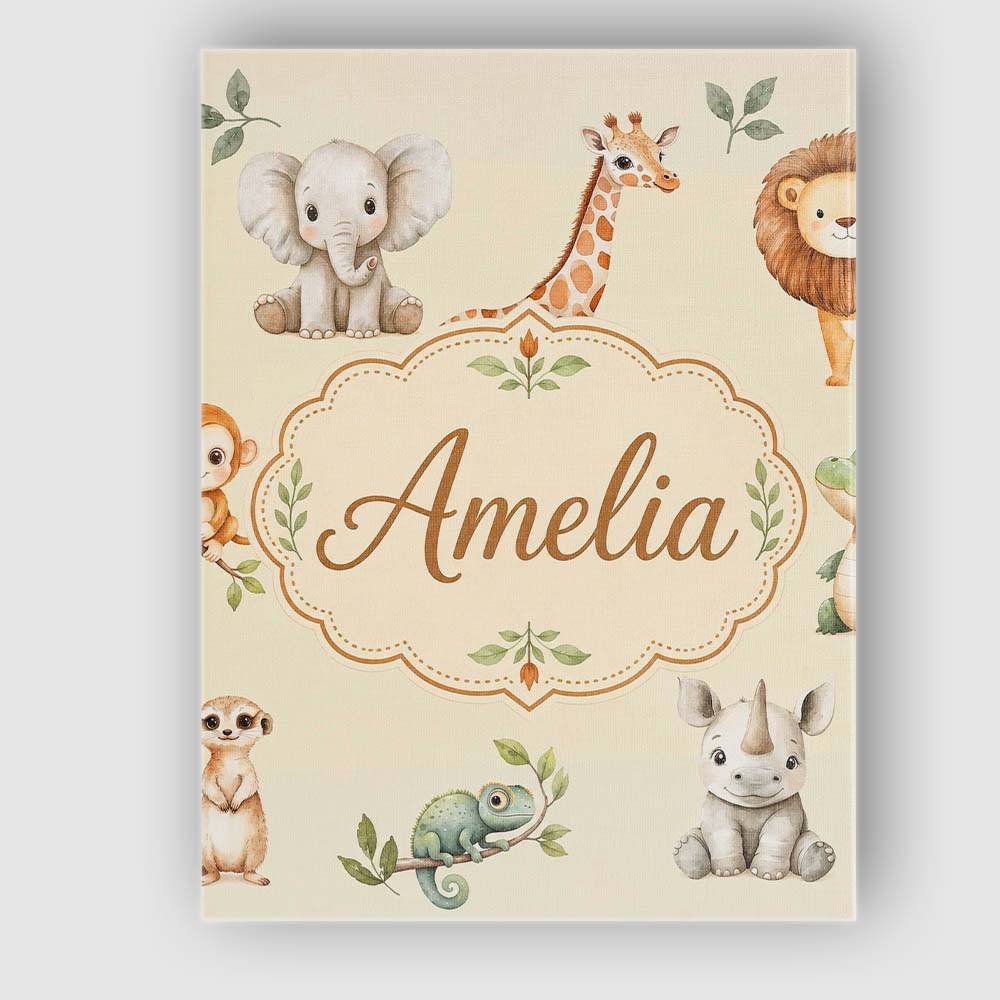 Personalised Name Safari Animals with Custom Modern Room Accent Creative Decorator Style Canvas Wall Art Print Decor Picture Ready to Hang