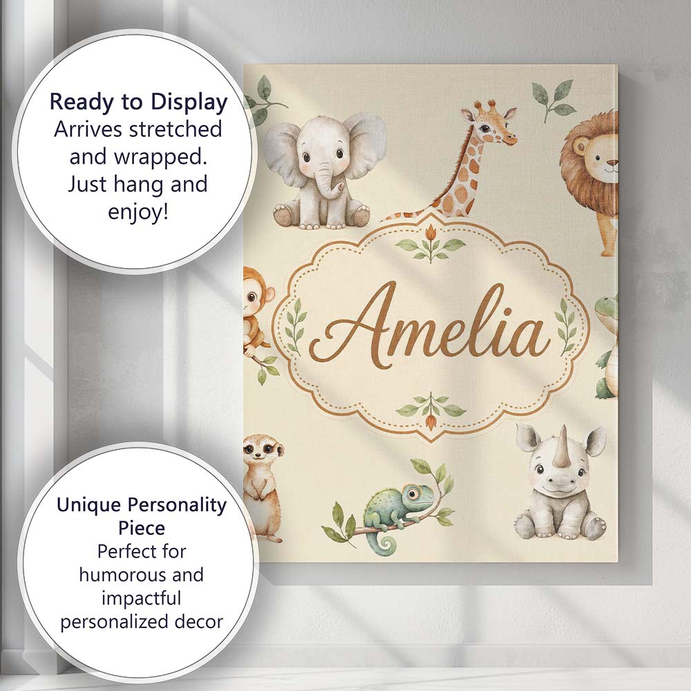 Personalised Name Safari Animals with Custom Modern Room Accent Creative Decorator Style Canvas Wall Art Print Decor Picture Ready to Hang