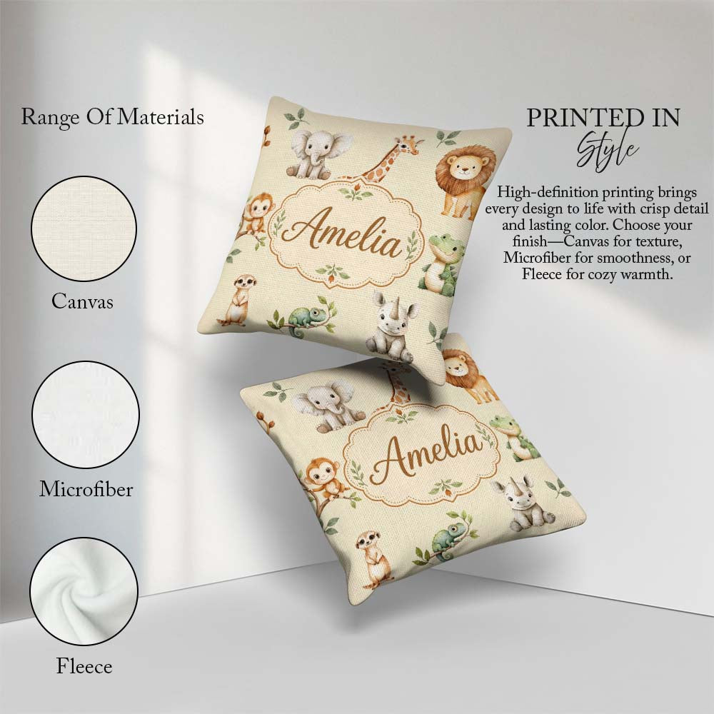 Custom Name Safari Animals with Elephant Lion and Crocodile Soft Square Filled Cushion Throw Pillow Sofa Bed Home Decor Zip Washable UK Made