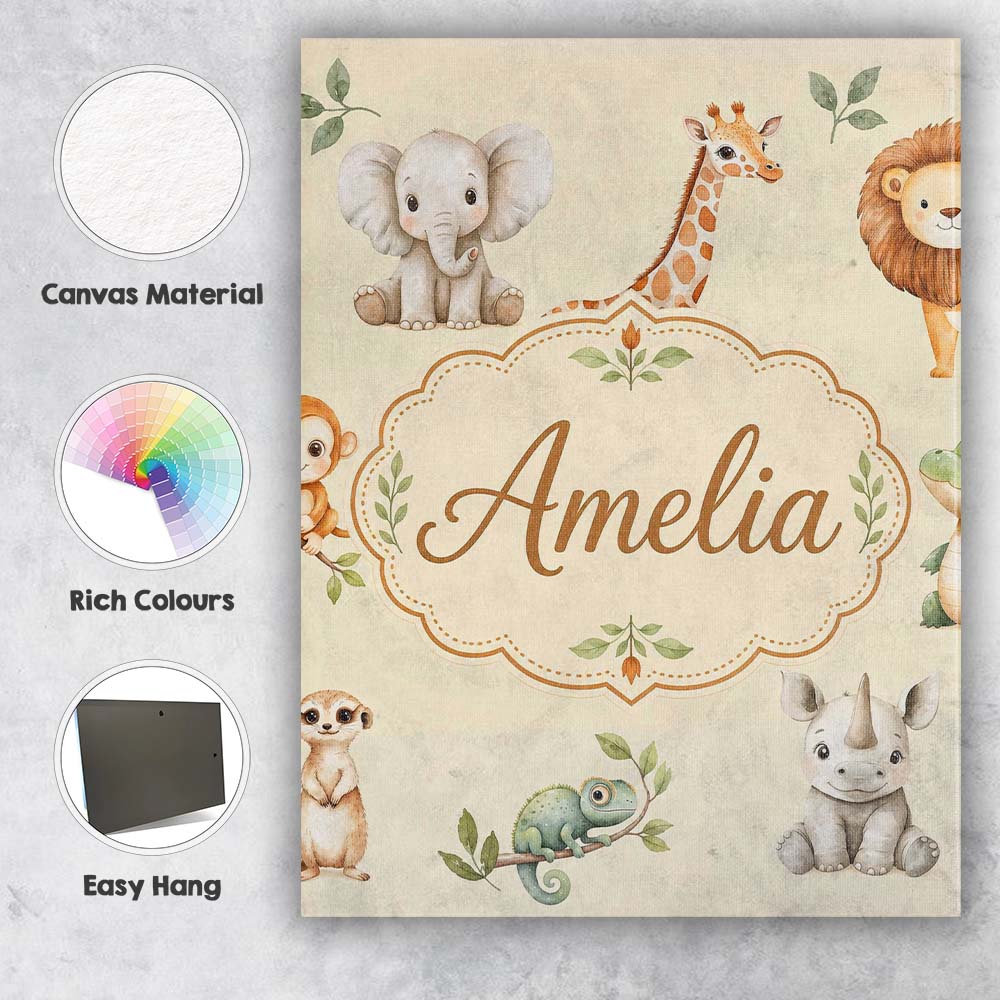 Personalised Name Safari Animals with Custom Modern Room Accent Creative Decorator Style Canvas Wall Art Print Decor Picture Ready to Hang