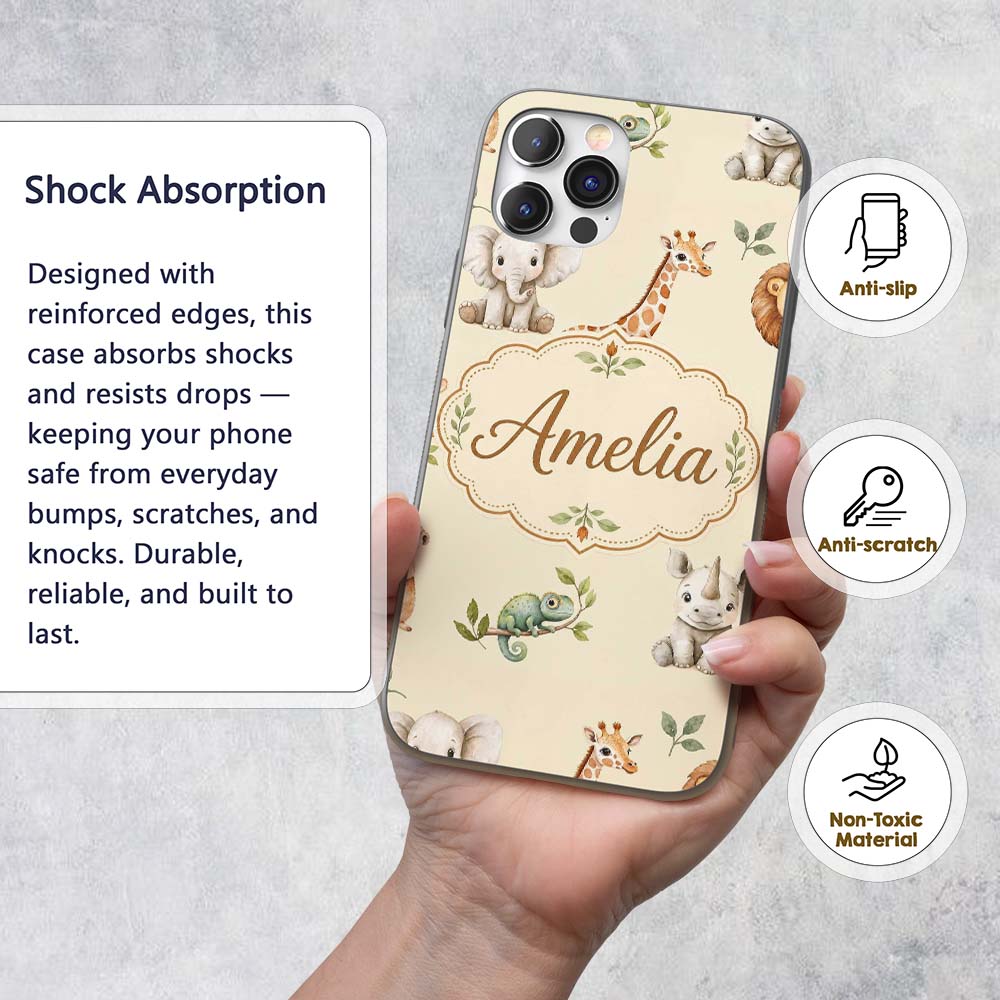 Safari Animals with Elephant Lion and Crocodile Custom Name Protective Phone Case Mobile Cover Durable Everyday Smartphone Shock Resistant