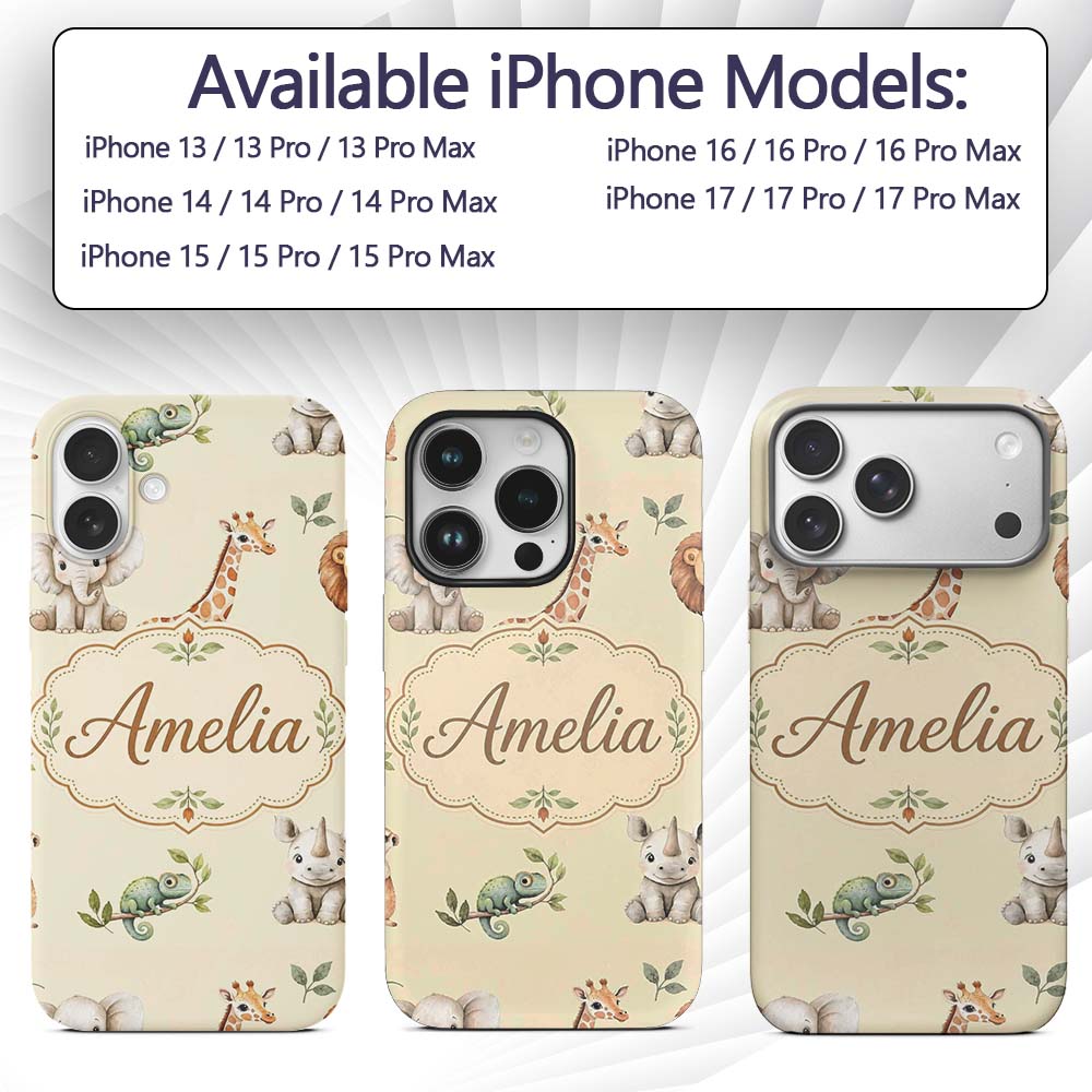 Safari Animals with Elephant Lion and Crocodile Custom Name Protective Phone Case Mobile Cover Durable Everyday Smartphone Shock Resistant