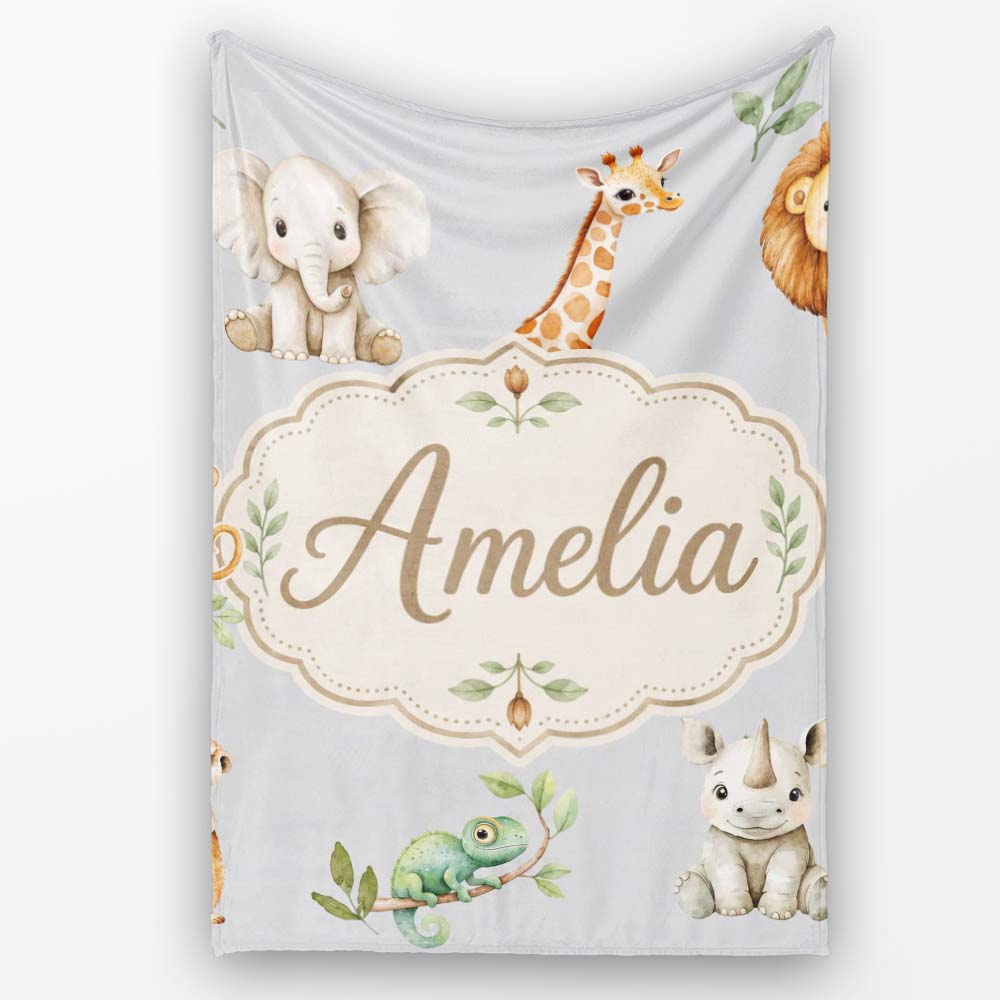 Safari Animals with Elephant Lion and Crocodile on Cool Grey Lovely Personalised Custom Name Super Soft Fleece Blanket Bed Sofa Throw
