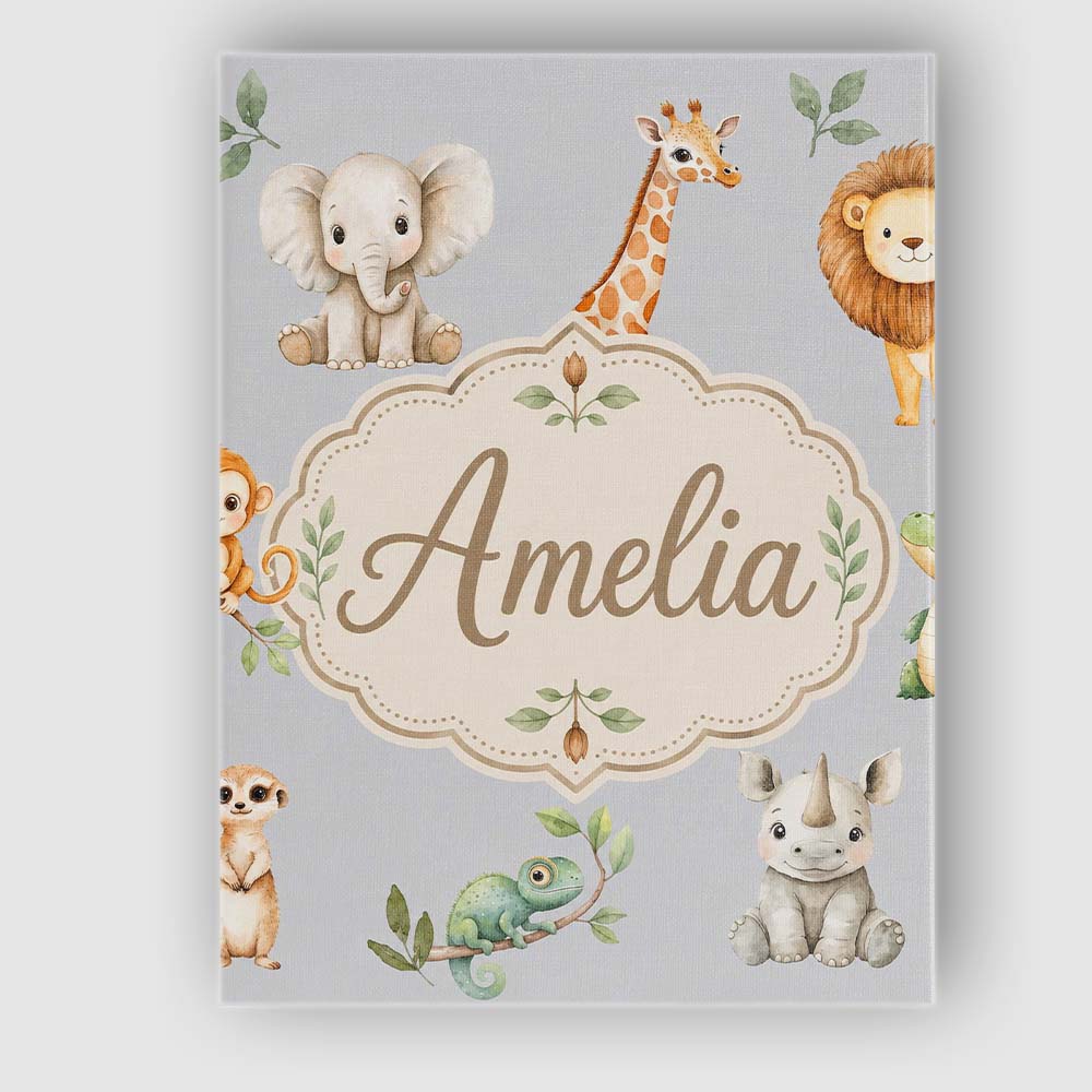 Personalised Name Safari Animals with Custom Modern Room Accent Creative Decorator Style Canvas Wall Art Print Decor Picture Ready to Hang