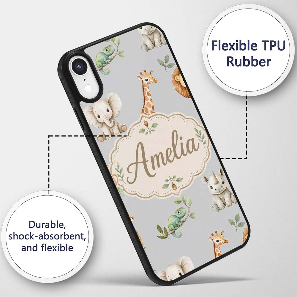 Safari Animals with Elephant Lion and Crocodile Custom Name Protective Phone Case Mobile Cover Durable Everyday Smartphone Shock Resistant