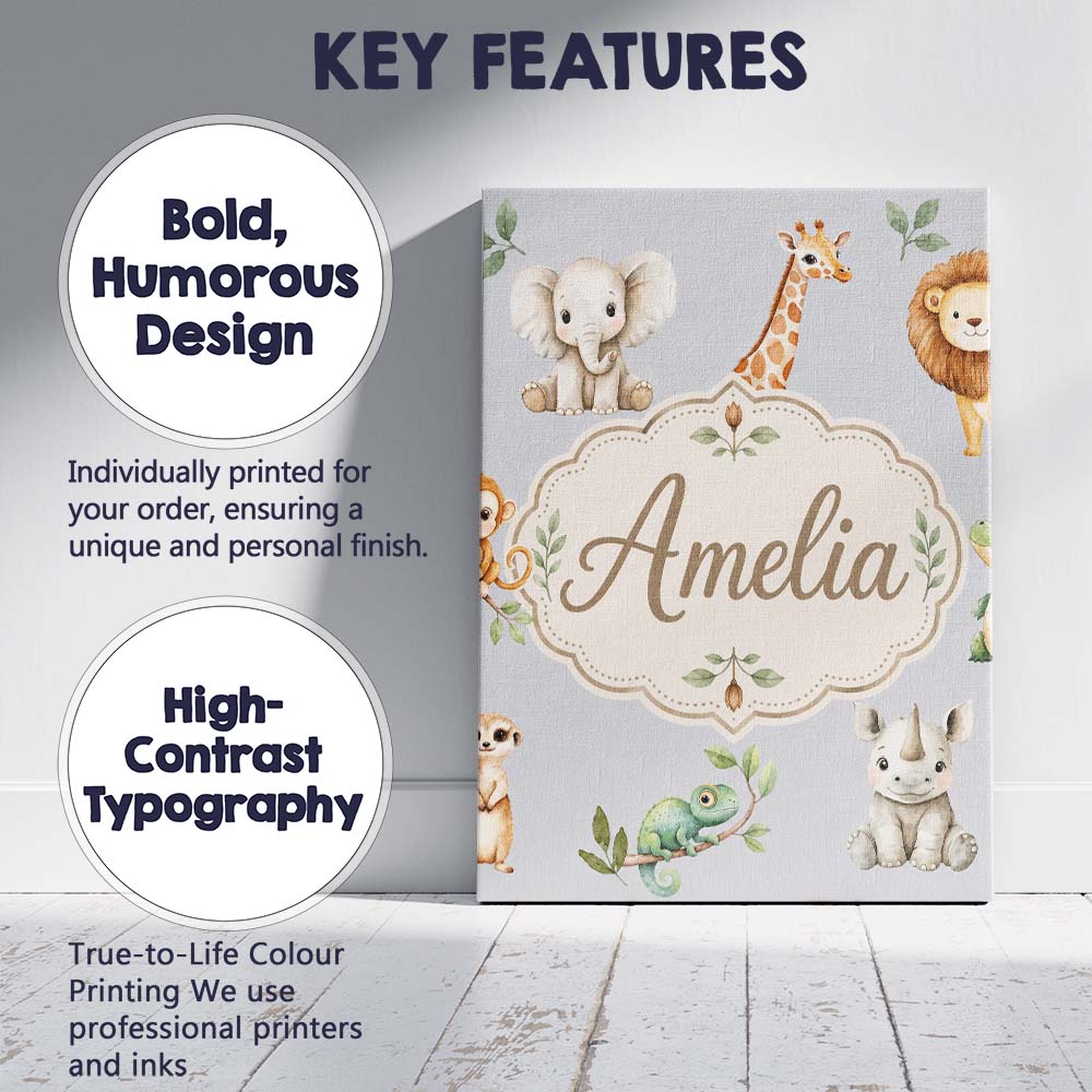 Personalised Name Safari Animals with Custom Modern Room Accent Creative Decorator Style Canvas Wall Art Print Decor Picture Ready to Hang