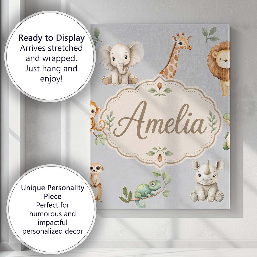 Personalised Name Safari Animals with Custom Modern Room Accent Creative Decorator Style Canvas Wall Art Print Decor Picture Ready to Hang
