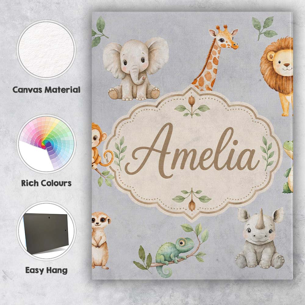 Personalised Name Safari Animals with Custom Modern Room Accent Creative Decorator Style Canvas Wall Art Print Decor Picture Ready to Hang