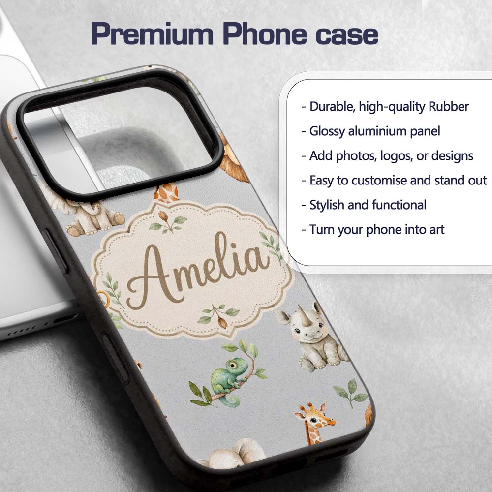 Safari Animals with Elephant Lion and Crocodile Custom Name Protective Phone Case Mobile Cover Durable Everyday Smartphone Shock Resistant
