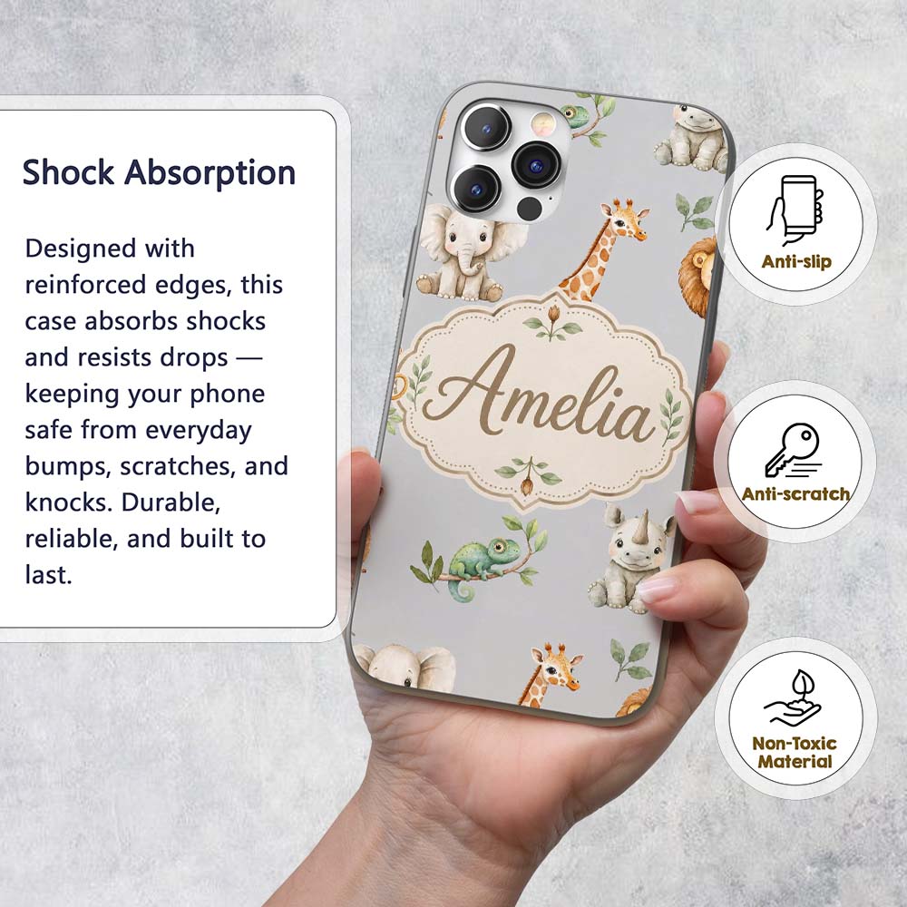 Safari Animals with Elephant Lion and Crocodile Custom Name Protective Phone Case Mobile Cover Durable Everyday Smartphone Shock Resistant