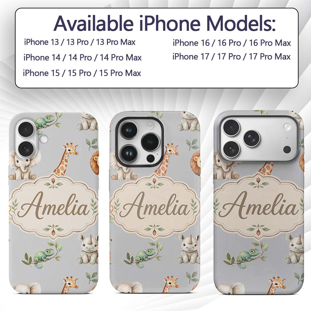 Safari Animals with Elephant Lion and Crocodile Custom Name Protective Phone Case Mobile Cover Durable Everyday Smartphone Shock Resistant