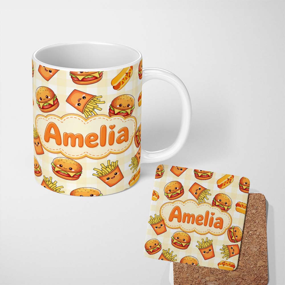 Personalized Custom Name Cute Kawaii Burger Fries Hotdog Fast Food Gingham Background 11oz Ceramic Coffee Tea Mug White Large Handle