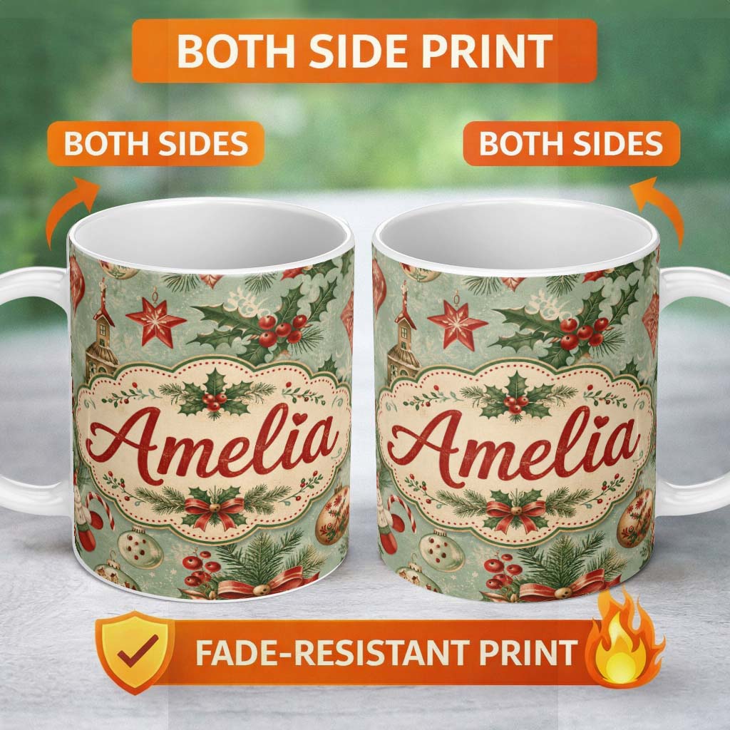 Personalized Custom Name Christmas Ornament Holly Snowman Festive Seamless Pattern Lovely 11oz Ceramic Coffee Tea Mug White Large Handle